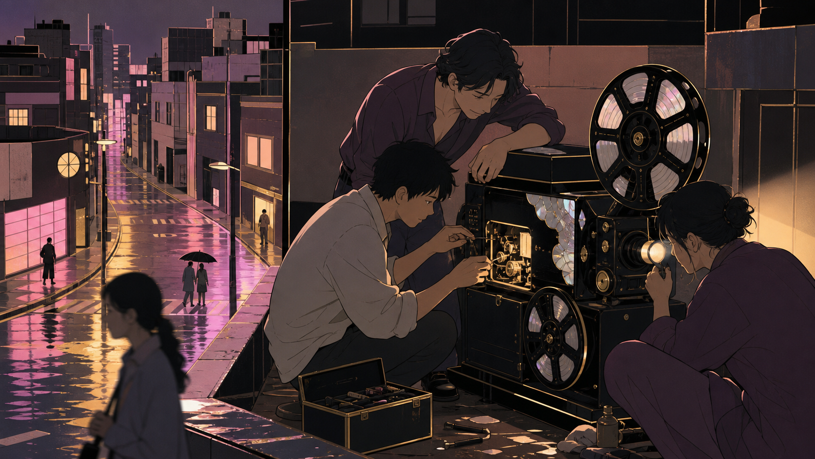Three adult friends repairing an old rooftop cinema projector, just after rain leaves every street reflecting a different color. Observational street-level frame with foreground movement and a clear focal story. Muted ro