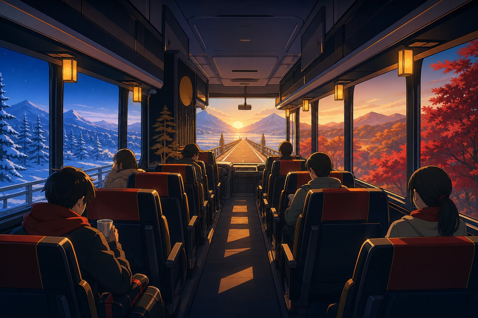 An overnight bus crossing a bridge that briefly passes through another season, during the quiet interval between departure and arrival. Long interior perspective connecting several quiet passenger stories. Pine black, sn