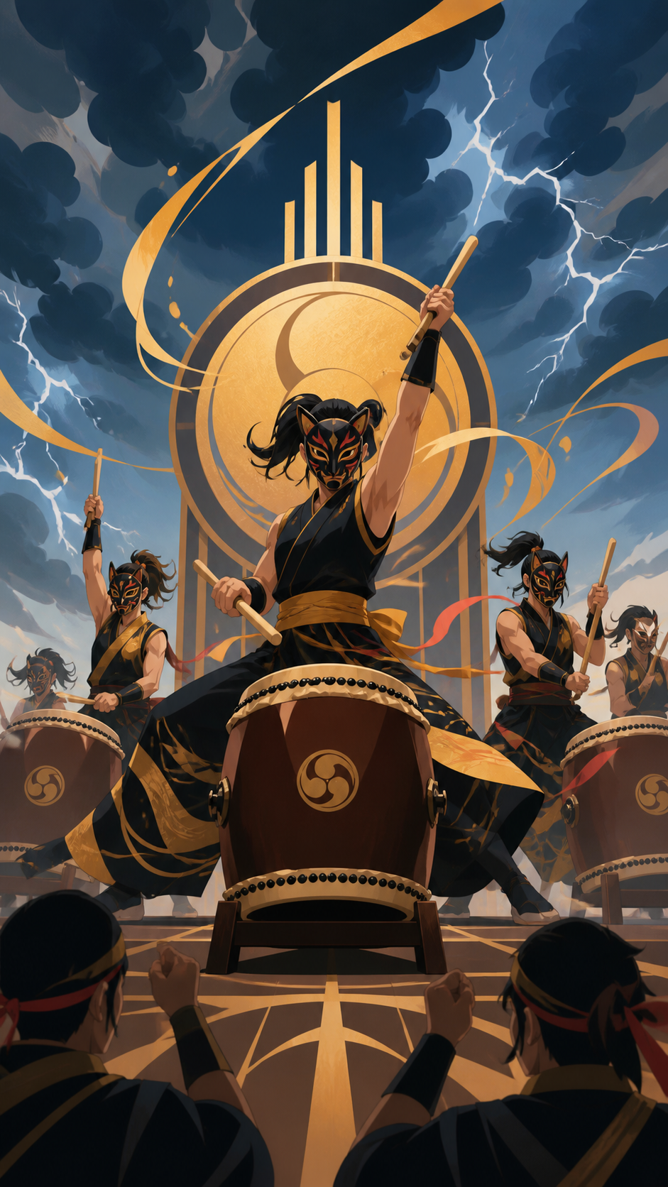 A masked taiko ensemble performing before an approaching summer storm, during a rehearsal that unexpectedly becomes magical. Intimate low-angle concert view with dramatic foreground silhouettes. Amber, walnut brown, rain