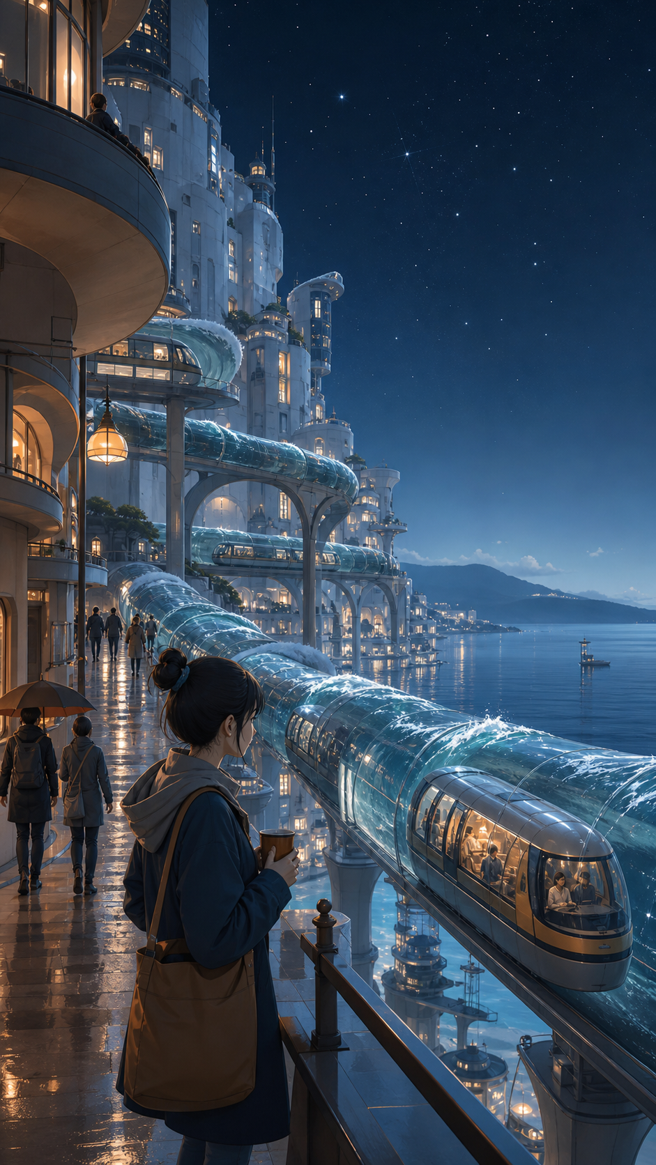 A vertical coastal city whose transit lines move through enormous transparent waves, on a humid night after rain, full of reflections and everyday life. Grand city panorama balanced by one intimate foreground detail. Amb
