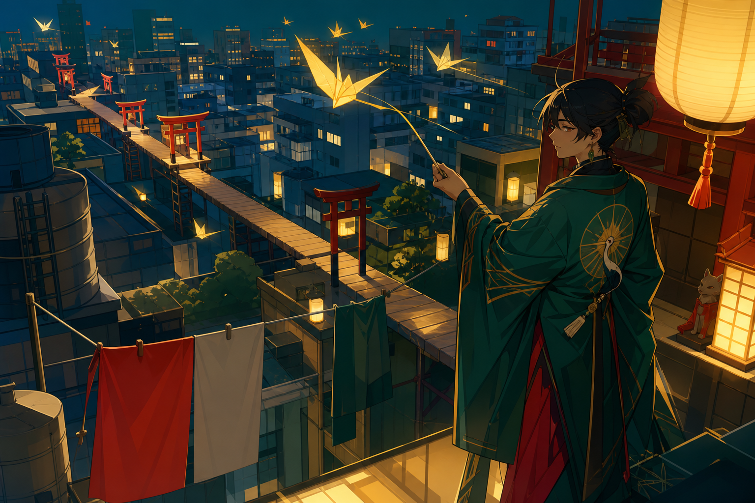 A rooftop shrine keeper redirecting misplaced city wishes, above an ordinary city where fantasy remains intimate and local. Elevated path-like composition connecting several neighboring rooftops. Emerald, stained-glass r