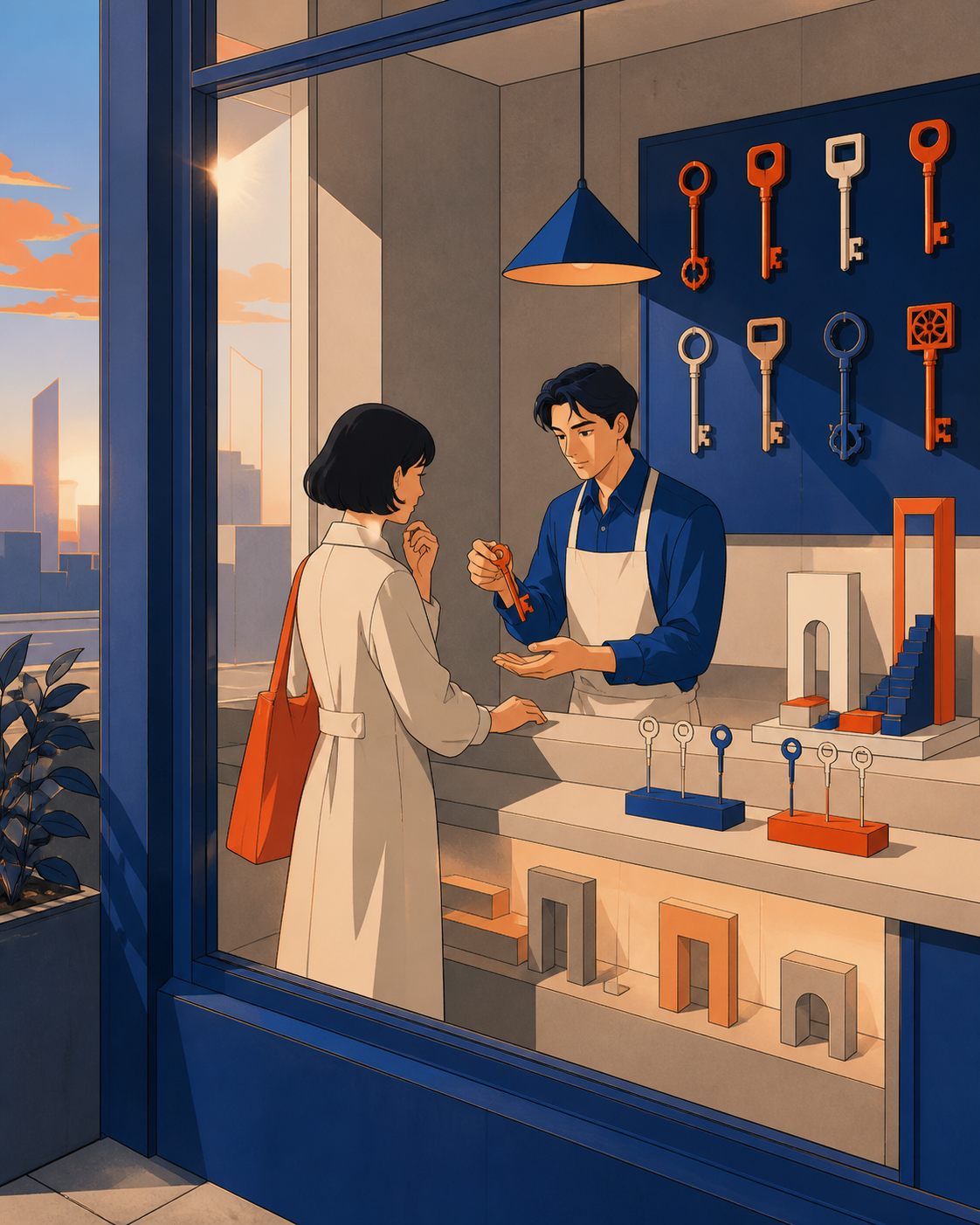 A shop selling replacement keys for doors that have not been built yet, during a quiet transaction with an unexpectedly personal request. View from outside the window into a warmly arranged interior. Cobalt, persimmon or