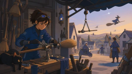 A roadside mechanic servicing broomsticks during the evening rush, handled with the calm routine of an ordinary workday. Wide neighborhood view connecting the shop interior to acti