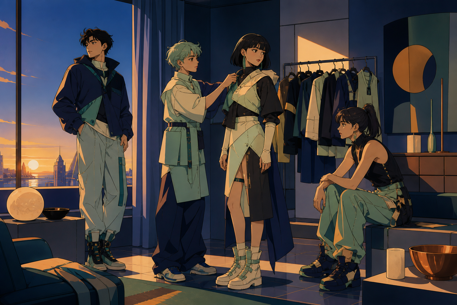Friends styling modular clothing before a night parade, at a bold editorial moment grounded by natural human expression. Full-body fashion narrative with environment supporting the outfit. Moonlit indigo, oxidized copper
