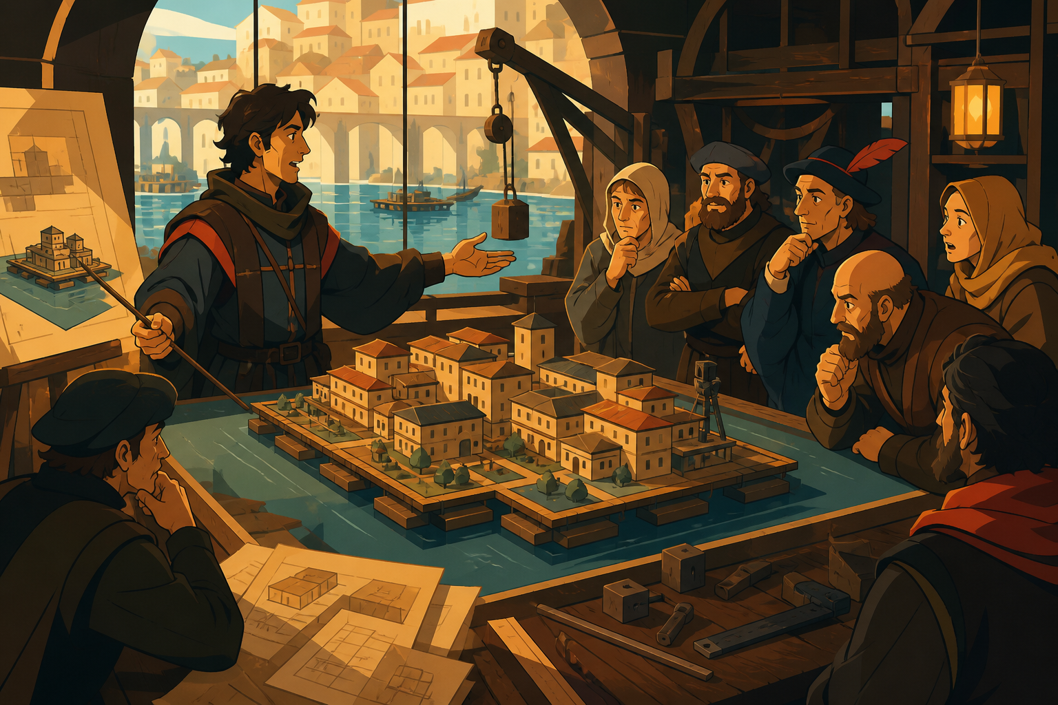 A medieval urban planner presenting a practical model of a floating district, grounded in everyday work and convincing period behavior. Observational workplace view where the unusual machine feels routine. Amber, walnut 