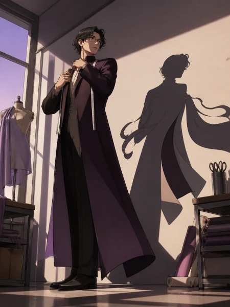 An adult designer fitting a formal coat whose shadow moves independently, as an unexpected material behavior inspires a better final design. Low-angle fashion portrait balanced by 