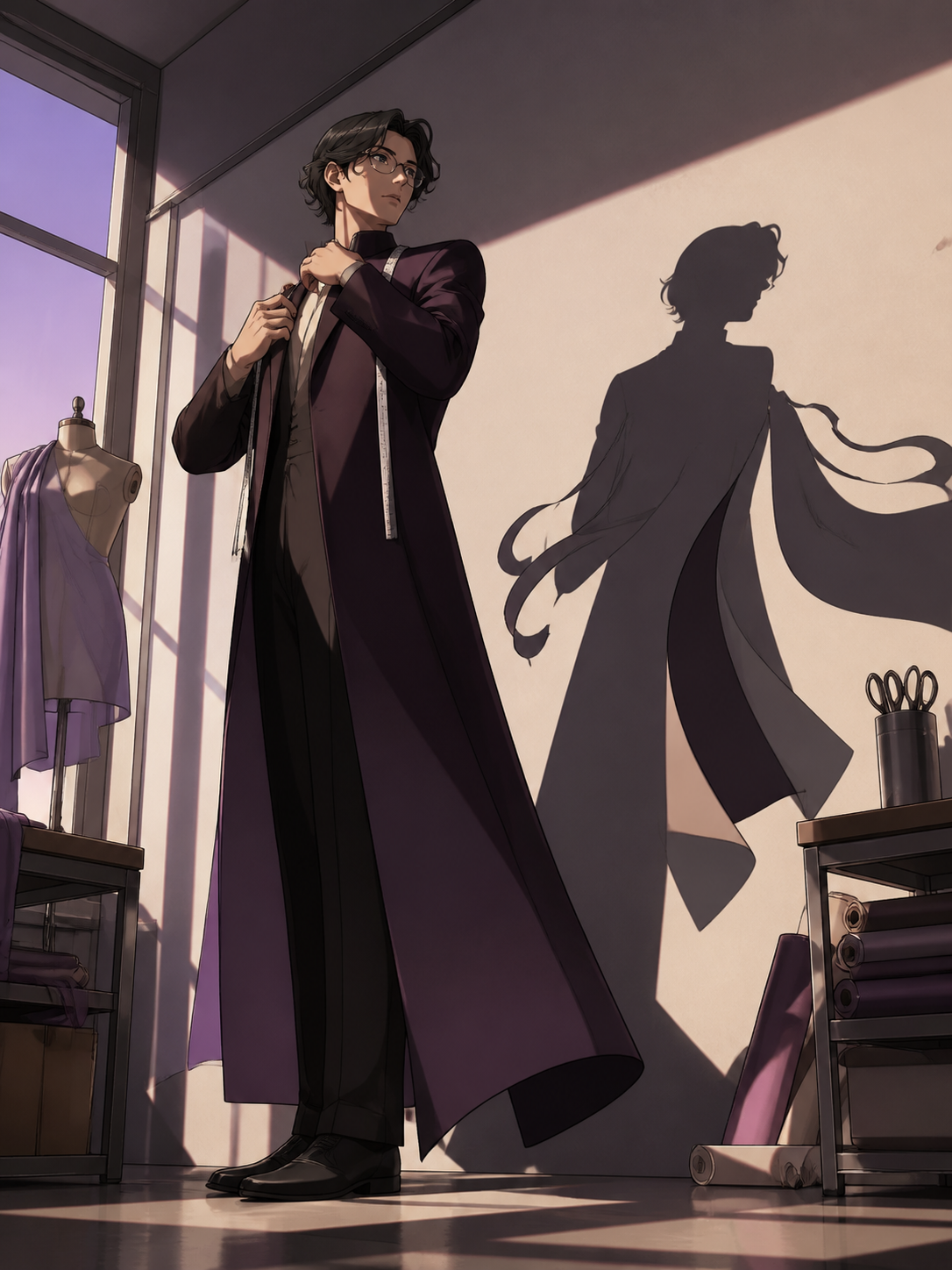 An adult designer fitting a formal coat whose shadow moves independently, as an unexpected material behavior inspires a better final design. Low-angle fashion portrait balanced by graphic studio architecture. Mulberry, t