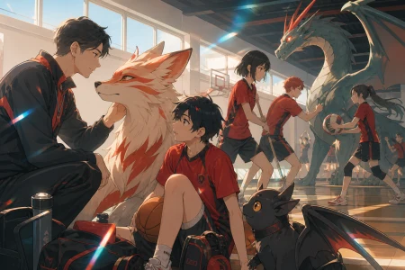 The school sports team training alongside friendly mythic creatures, on an ordinary school day shaped by one magical rule. Intimate teacher-student frame with the magical problem v