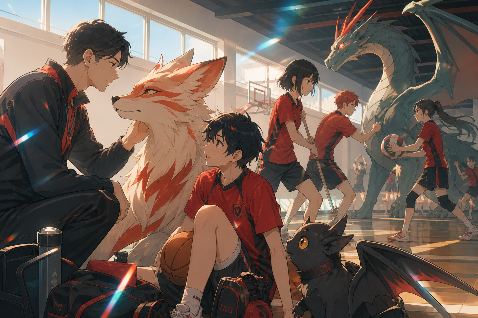 The school sports team training alongside friendly mythic creatures, on an ordinary school day shaped by one magical rule. Intimate teacher-student frame with the magical problem visible. Vermillion, charcoal, warm ivory
