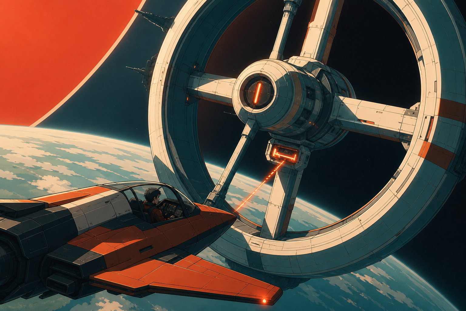 An adult salvage pilot docking with a silent ring-shaped station, as an unfamiliar signal provides one precise destination. Expansive orbital composition anchored by one clearly readable vehicle. Vermillion, charcoal, wa