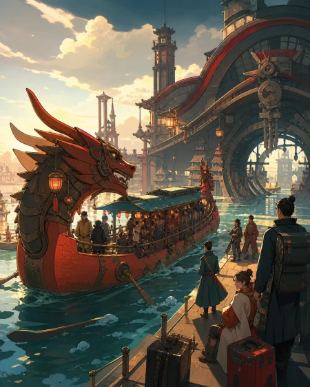 A dragon-shaped riverboat transporting travelers through a flooded kingdom, arriving at an extraordinary terminal during difficult weather. Wide travel-poster composition without t