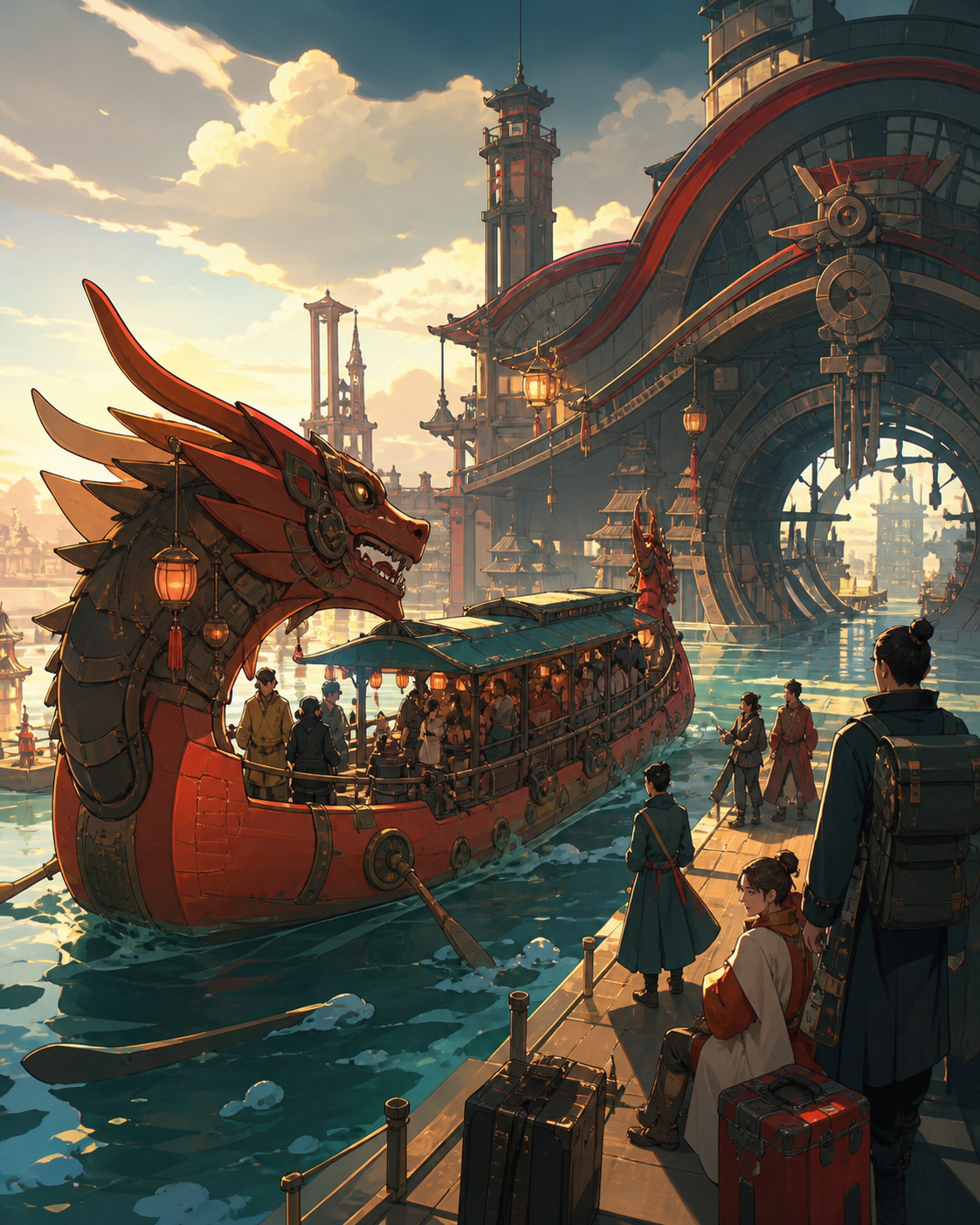 A dragon-shaped riverboat transporting travelers through a flooded kingdom, arriving at an extraordinary terminal during difficult weather. Wide travel-poster composition without typography, emphasizing destination and s