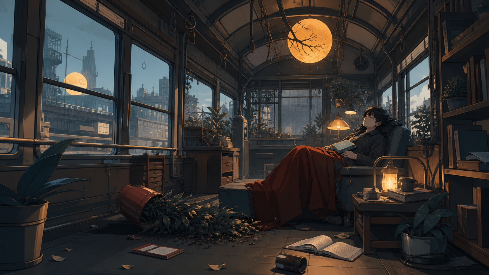 A greenhouse reading room built into an old city tram, during a quiet afternoon nap interrupted by one small mishap. Inviting room-wide composition with several discoverable details. Petrol blue, oxide red, industrial gr