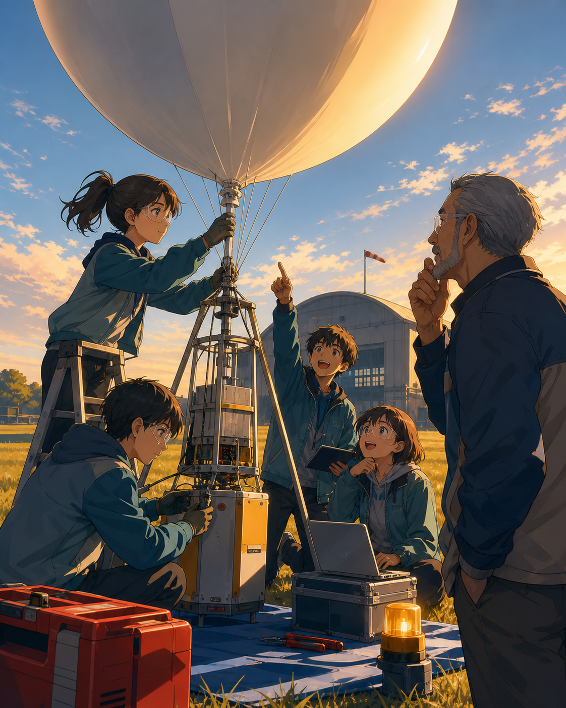 A science-club team launching a homemade weather balloon from a field, as an older mentor realizes the students solved the problem differently. Close collaborative frame with varied reactions around one prototype. Petrol