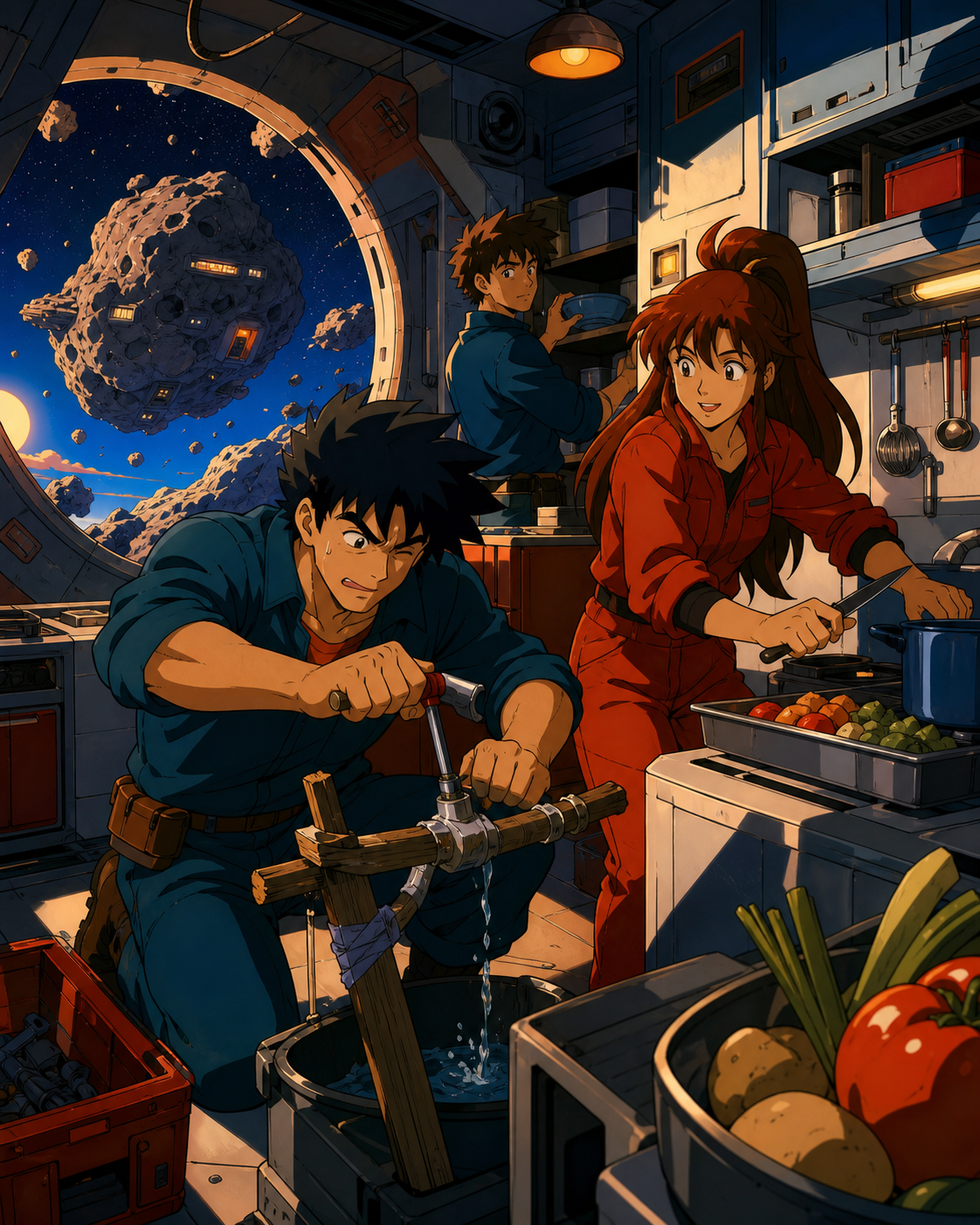 A family of adult siblings preparing dinner in their inherited asteroid home, during a small household inconvenience solved with improvised tools. Cozy interior-wide frame with space visible through one large opening. Pe