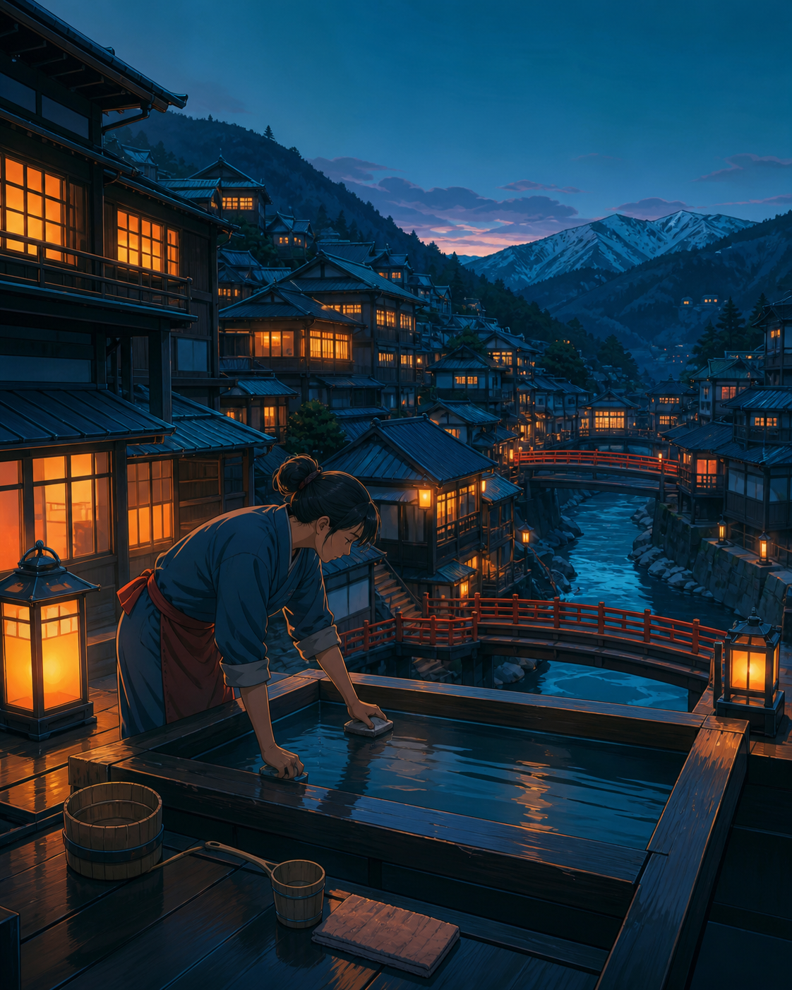 An innkeeper preparing outdoor baths before sunrise, on a cold evening when every window feels welcoming. Elevated town view following warm windows down toward the river. Petrol blue, oxide red, industrial gray, and warn