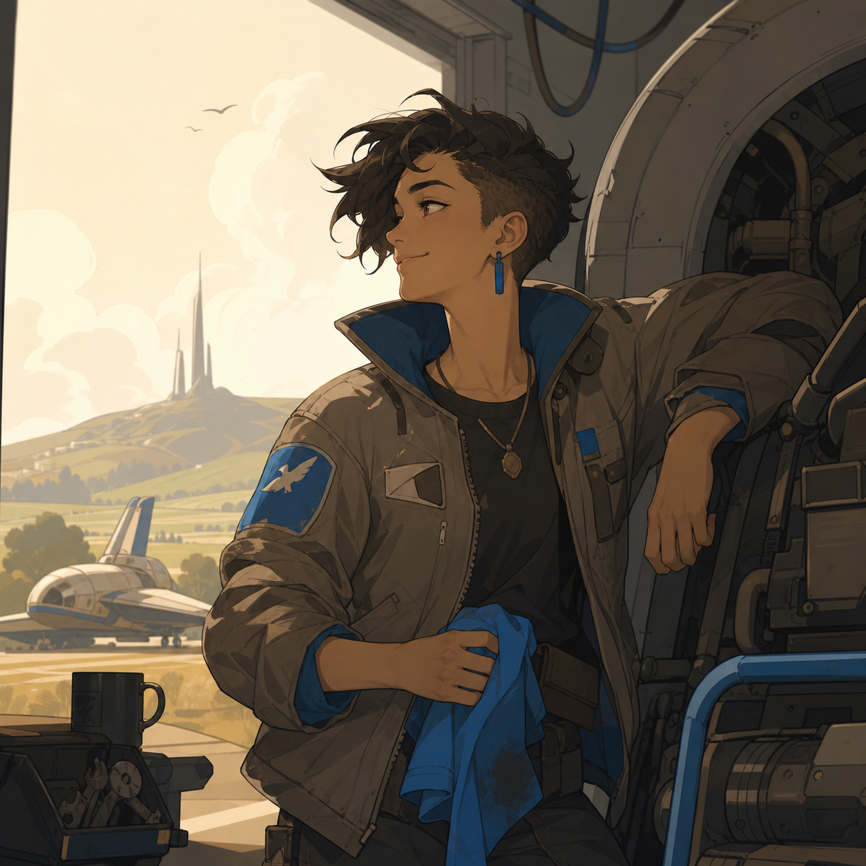 An adult nonbinary spacecraft mechanic wearing a patched flight jacket, captured during one unguarded moment in their workplace. Intimate waist-up portrait with unusual negative space and environmental context. Soft mono