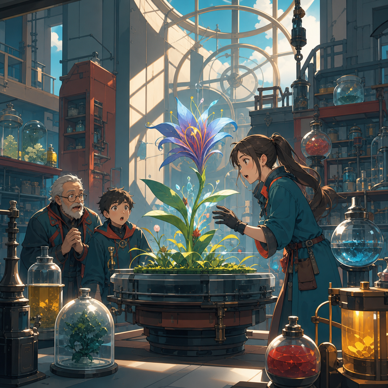 A botanical laboratory where bottled weather feeds rare seedlings, at the moment one experiment produces an unexpectedly beautiful result. Room-wide workshop view organized around a strong central craft action. Petrol bl