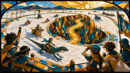 Young riders racing friendly long-legged lizards across a salt flat, at a joyful regional tournament rather than a dangerous battle. Elevated course map-like view organized around 