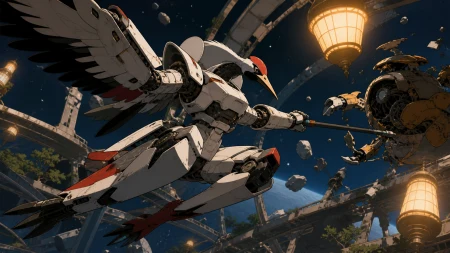 A battered rescue mecha designed like a red-crowned crane, fighting in zero gravity among fragments of a ruined orbital garden. Dynamic low-angle action frame with a strong diagona