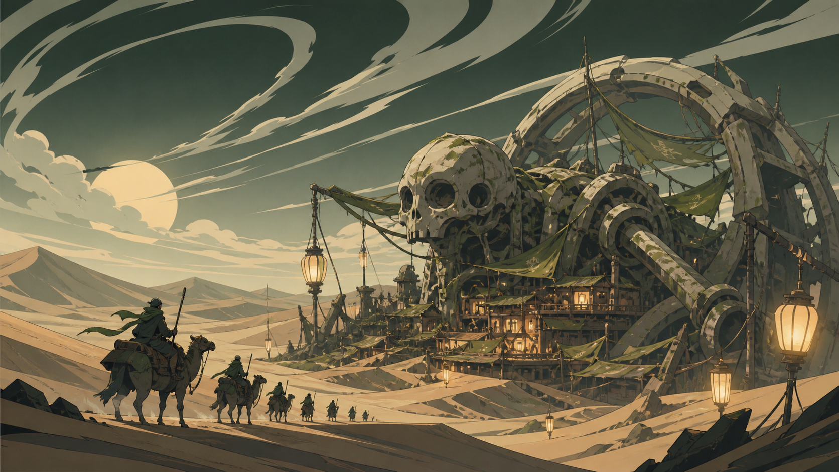 An oasis settlement built around the skeleton of an ancient machine, during a difficult crossing made beautiful by unfamiliar weather. Extreme wide landscape with a small but readable journey crossing it. Moss green, sla