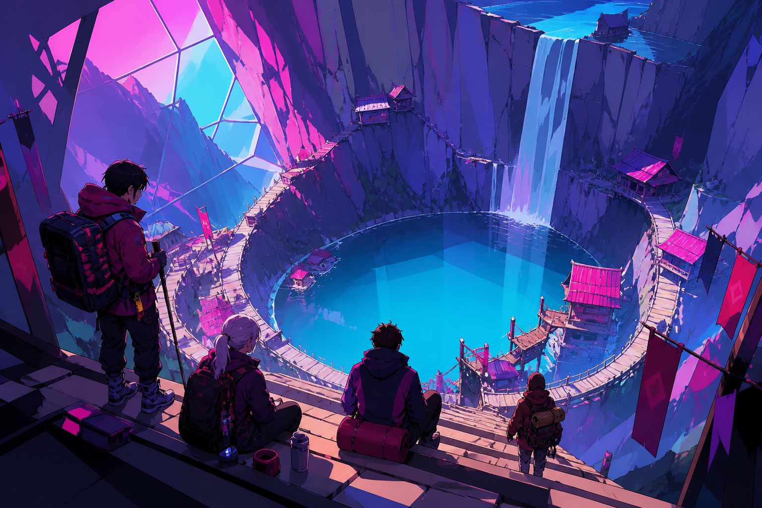 Climbers discovering a warm blue lake inside a high stone basin, during a rest stop that emphasizes scale and companionship. Elevated route composition connecting several altitude levels. Saturated magenta, electric cyan
