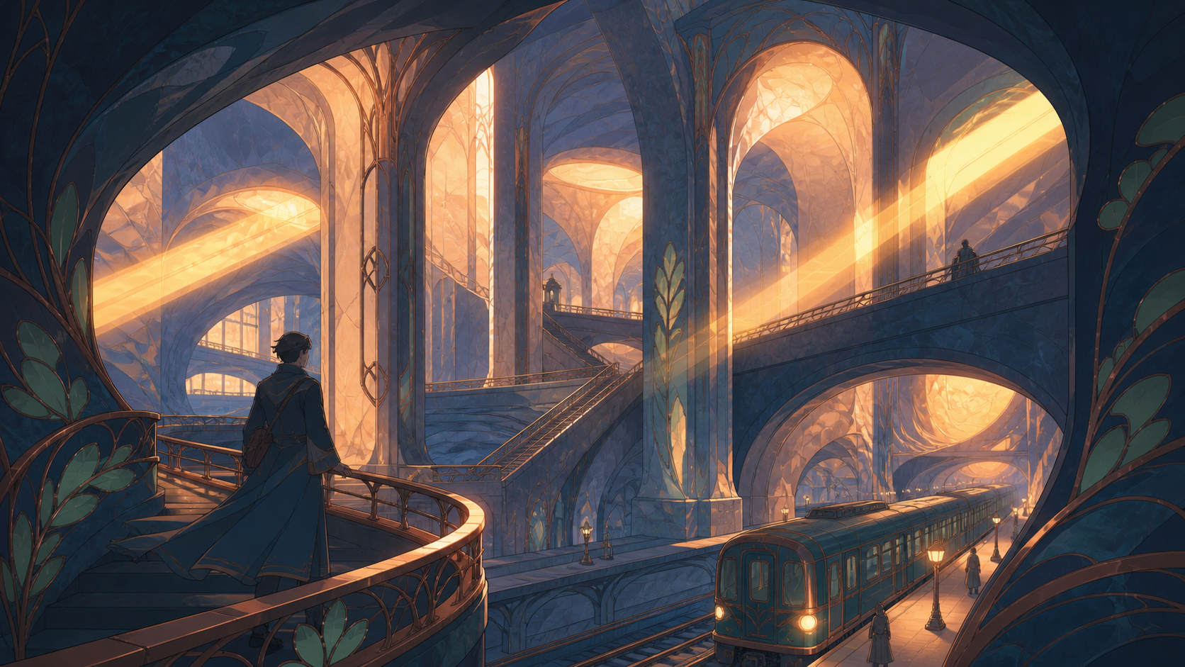 An underground railway cathedral carved from luminous salt, as sunlight passes through it in physically impossible directions. Dramatic vertical composition emphasizing scale and impossible geometry. Moonlit indigo, oxid