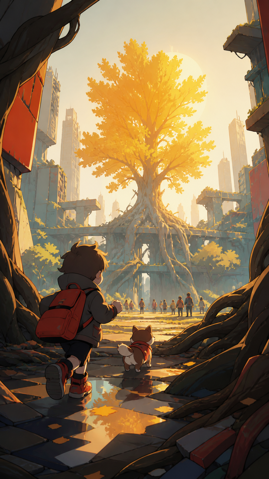 A lone golden ginkgo marking the center of an abandoned future city, at the first light of morning after a transformative storm has passed. Ground-level view looking through enormous roots toward distant figures. Vermill