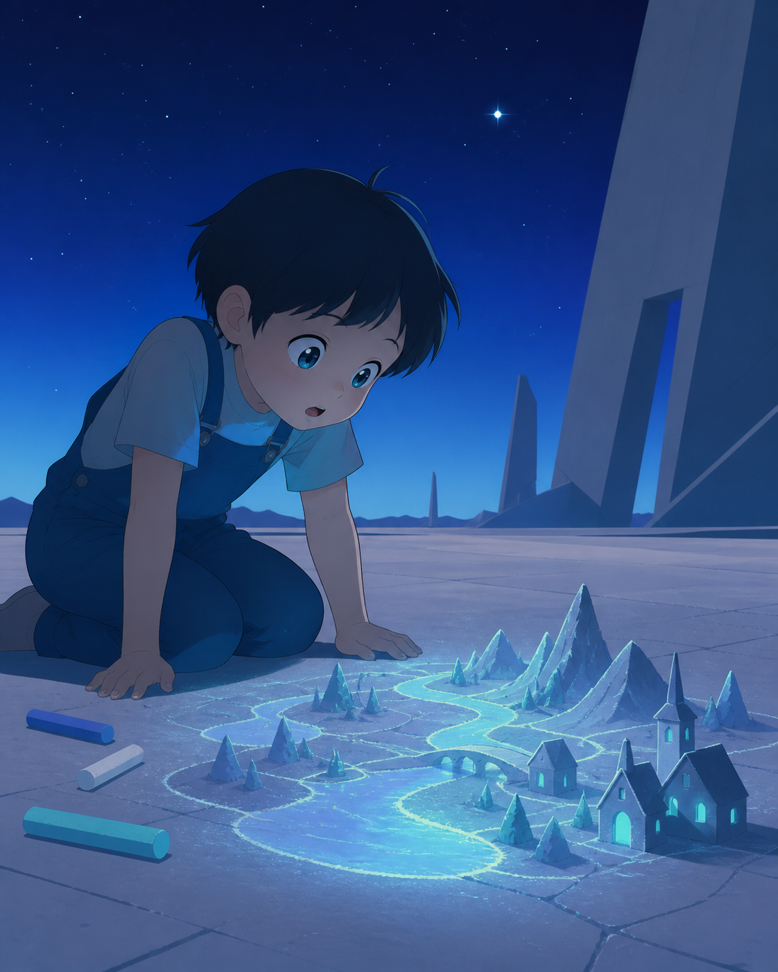A child discovering that sidewalk chalk drawings become tiny landscapes, at the instant make-believe and reality overlap without danger. Intimate close view centered on one expression of awe. Ultramarine, bioluminescent 