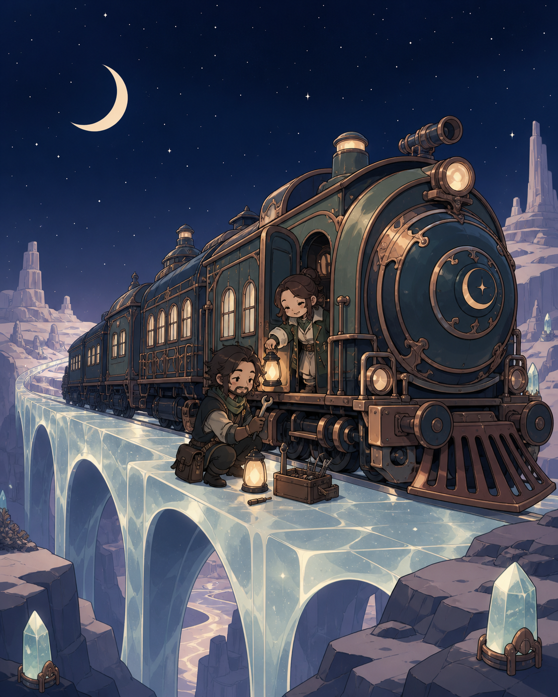 An ornate night train crossing a bridge made from frozen moonlight, undergoing a small roadside repair in a vast unfamiliar landscape. Grand three-quarter vehicle view embedded naturally in its route. Moonlit indigo, oxi