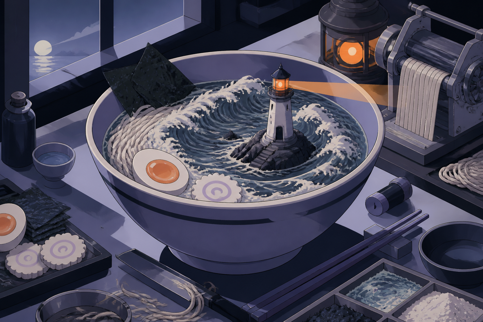 A midnight ramen bowl containing a tiny stormy ocean and lighthouse, surrounded by tiny evidence of the craft used to make it. Intimate close-up with shallow depth and layered foreground details. Pale lavender, icy blue,
