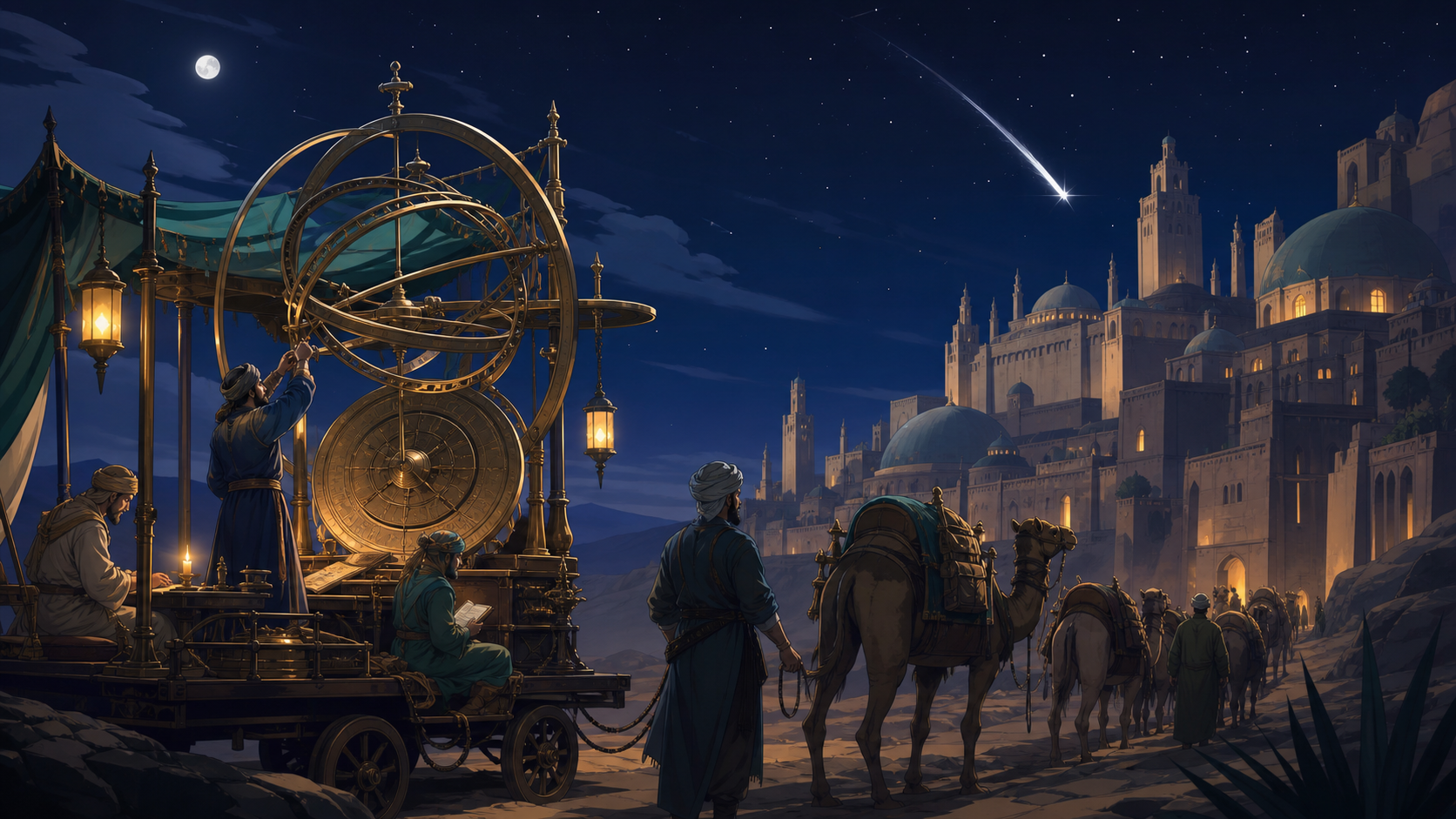 A desert caravan of scholars carrying a mobile brass observatory, grounded in convincing period materials with one restrained supernatural event. Wide narrative composition with period architecture guiding the eye. Moonl