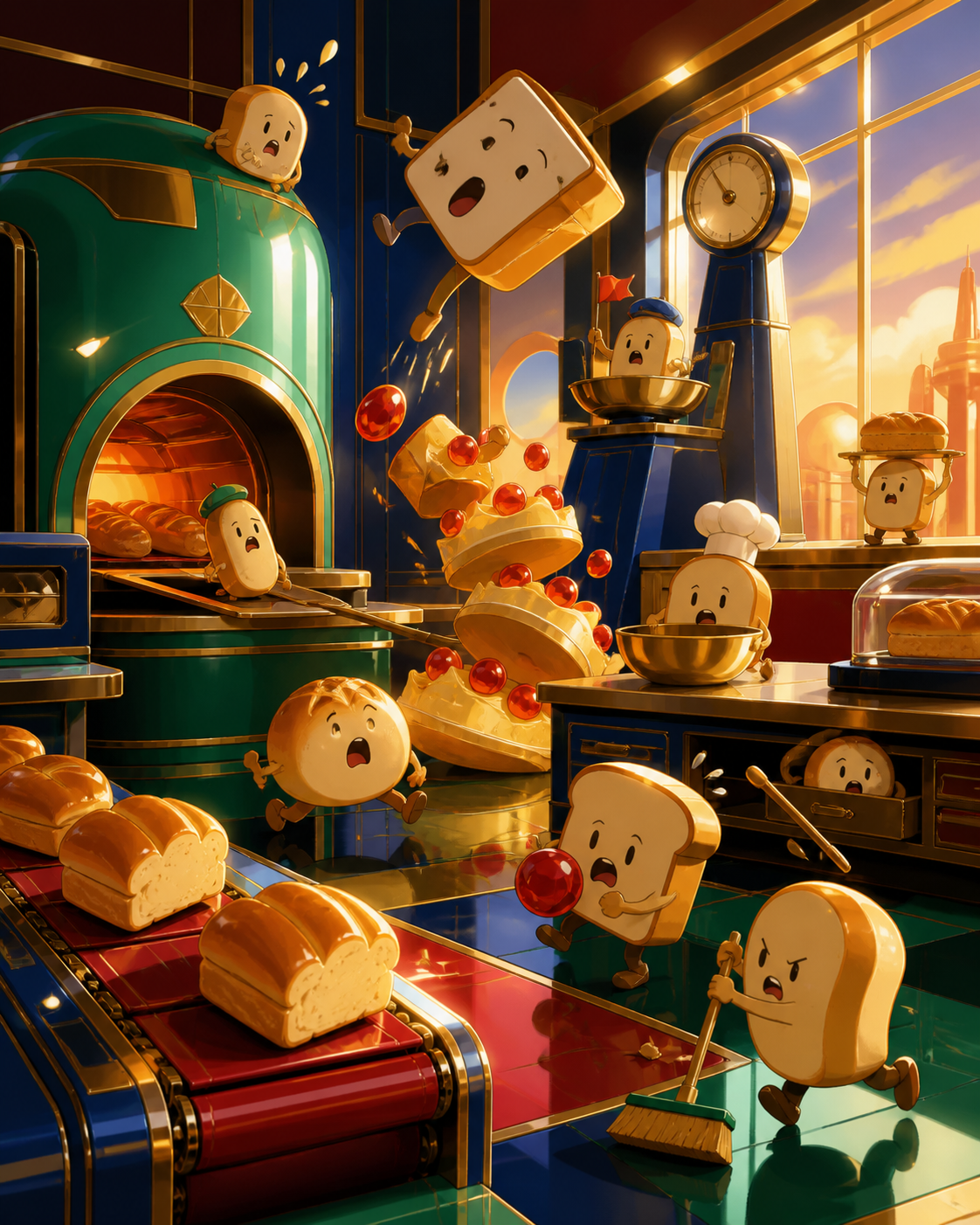 A gang of tiny bread spirits attempting to operate a full-size bakery, in the middle of an escalating but harmless disaster. Wide action frame centered on one beautifully timed harmless catastrophe. Emerald, stained-glas