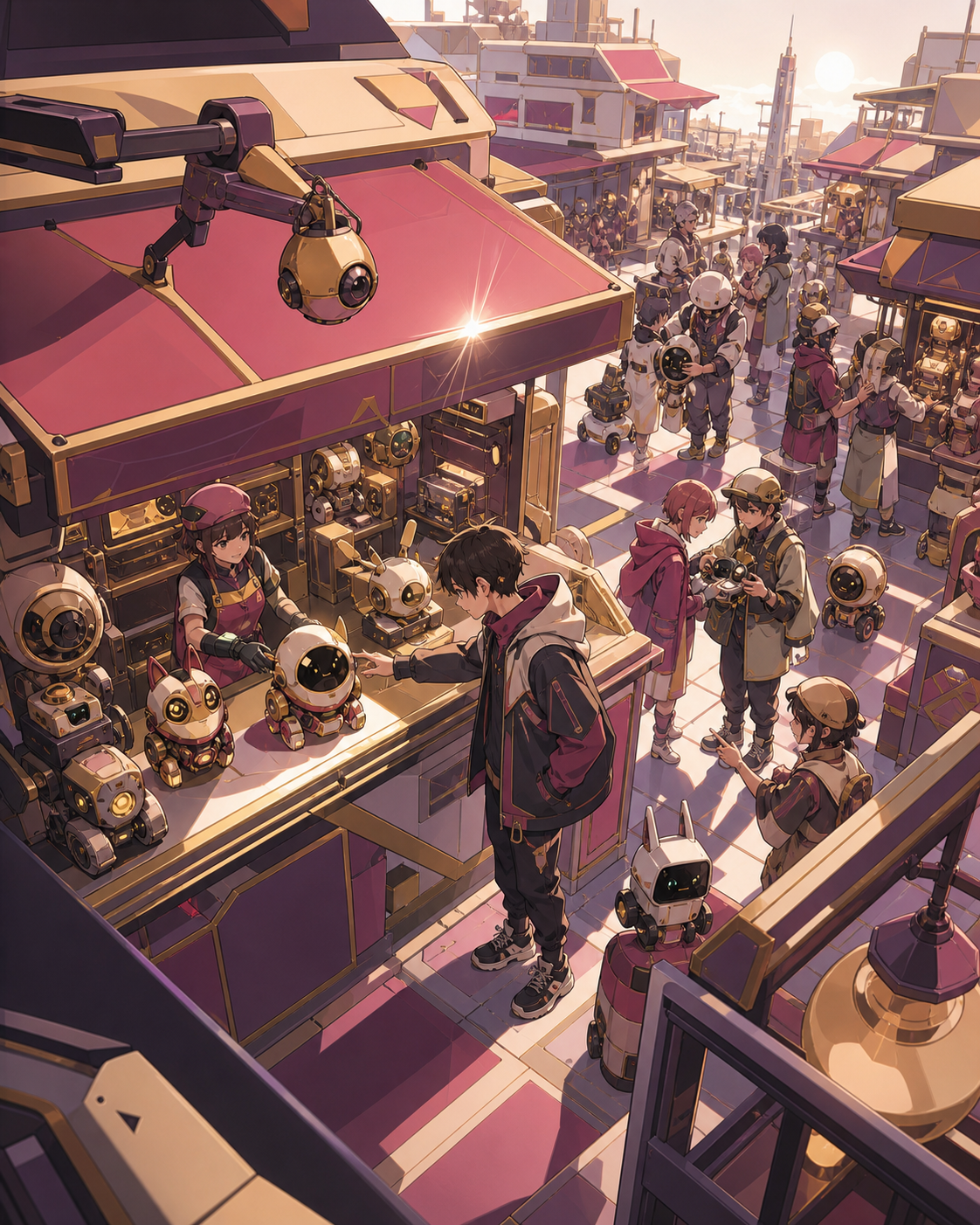 A teen choosing a tiny companion robot from a crowded repair stall, at the busiest hour with many distinct but readable transactions. Elevated composition revealing intersecting paths and stall clusters. Muted rose, parc