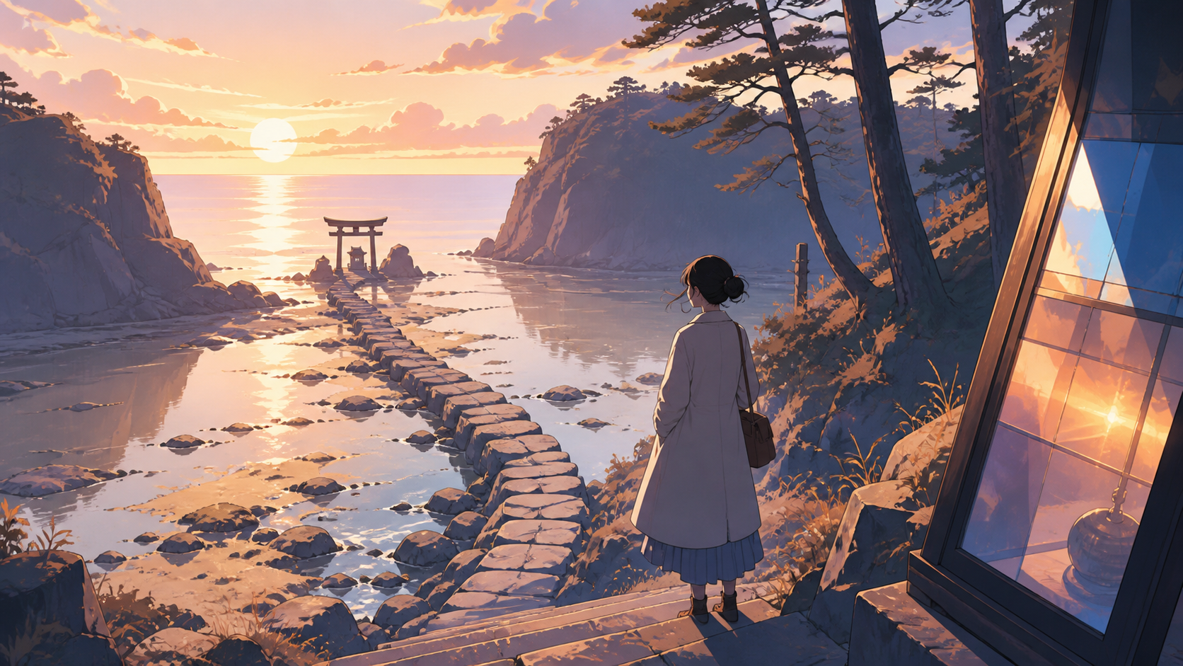 A coastal shrine path uncovered only during the lowest winter tide, shown during a fleeting natural event residents quietly anticipate each year. Vertical scenic composition following a path through several elevations. S