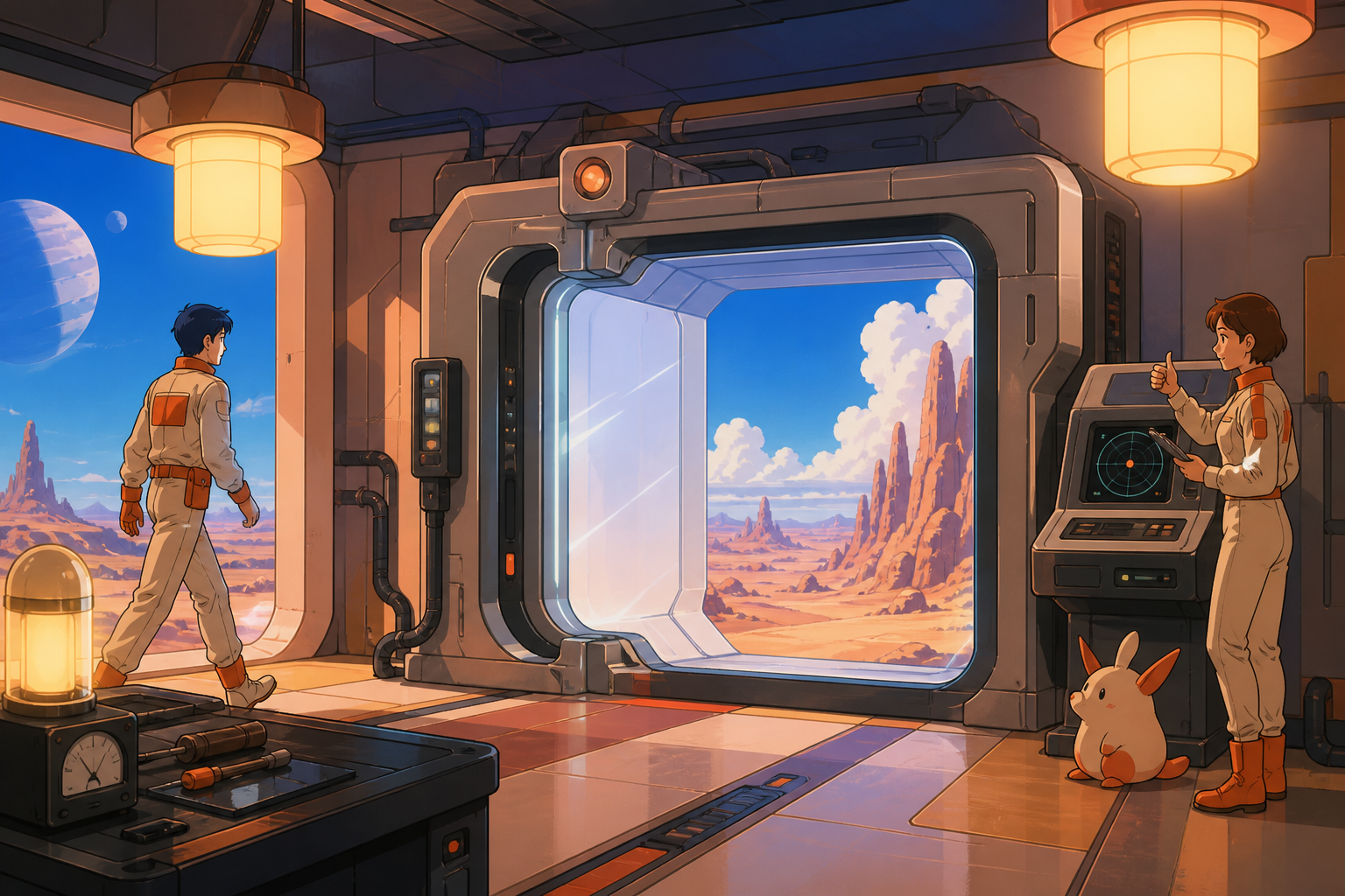 Two engineers testing a doorway that shortens inconvenient distances, amid organized work rather than chaotic invention spectacle. Side-on testing composition showing input, machine, and outcome clearly. Sun-bleached pea