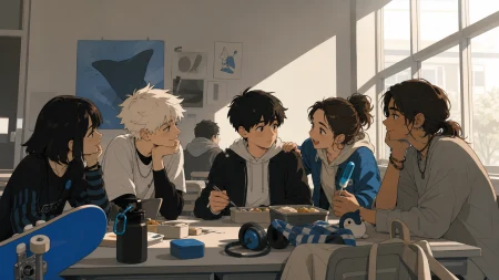 A new student being welcomed into an eccentric lunch-table group, during a small emotionally honest moment rather than a grand event. Wide quiet frame allowing meaningful space aro