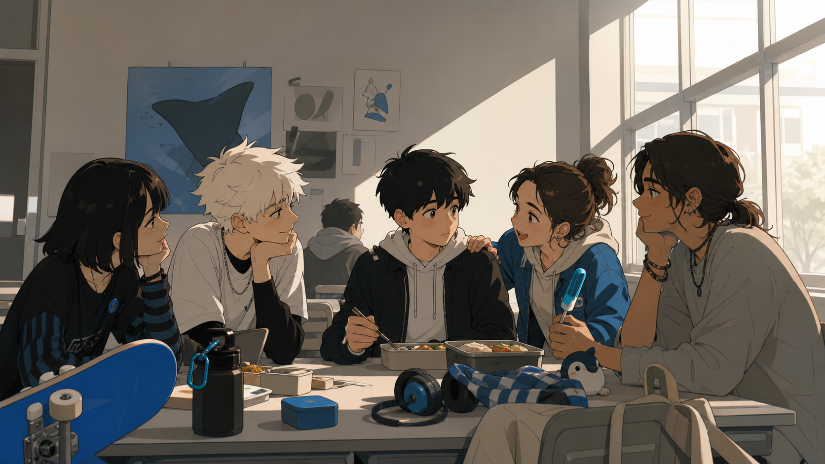 A new student being welcomed into an eccentric lunch-table group, during a small emotionally honest moment rather than a grand event. Wide quiet frame allowing meaningful space around the friends. Soft monochrome with a 