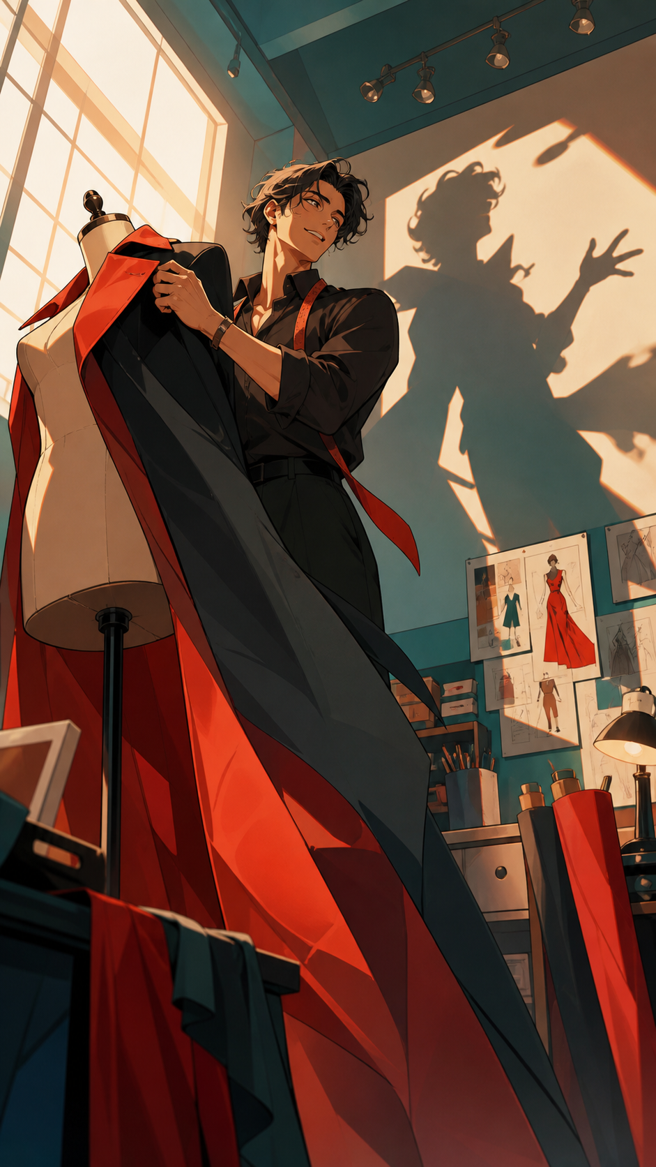 An adult designer fitting a formal coat whose shadow moves independently, captured as a character-driven editorial moment rather than a product display. Low-angle fashion portrait balanced by graphic studio architecture.