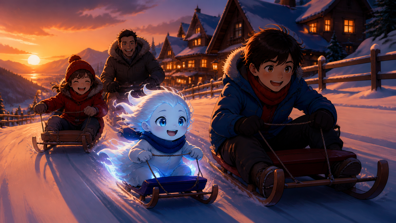 A chibi snow spirit joining a family sled race, at the warm transition from afternoon into evening lights. Cozy evening composition balancing outdoor play and warm buildings. Petrol blue, oxide red, industrial gray, and 