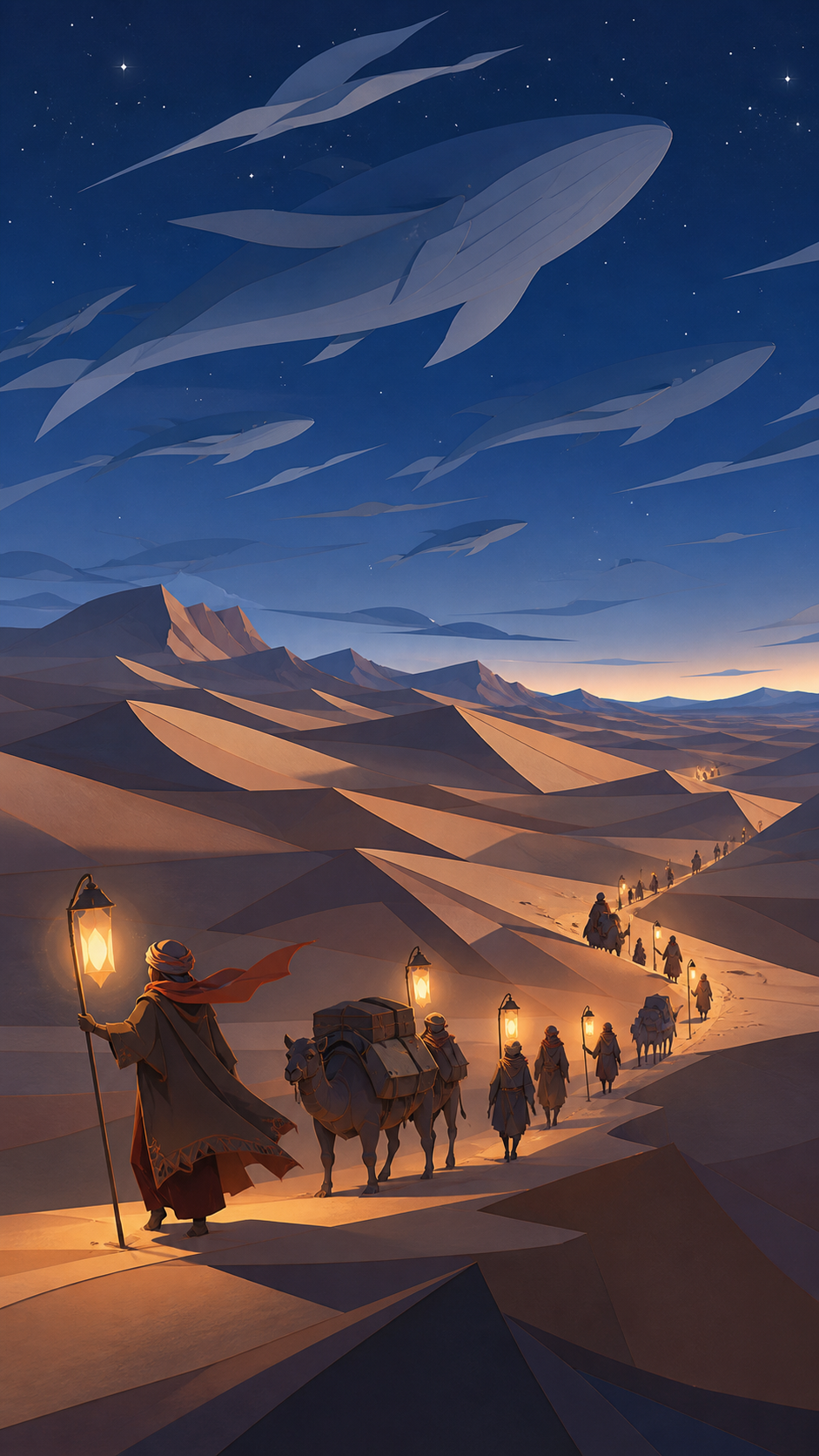 A caravan following the migrating shadows of enormous sky whales, seen in the blue hour when heat gives way to starlight. Extreme wide landscape with a small but readable journey crossing it. Sun-bleached peach, desert o