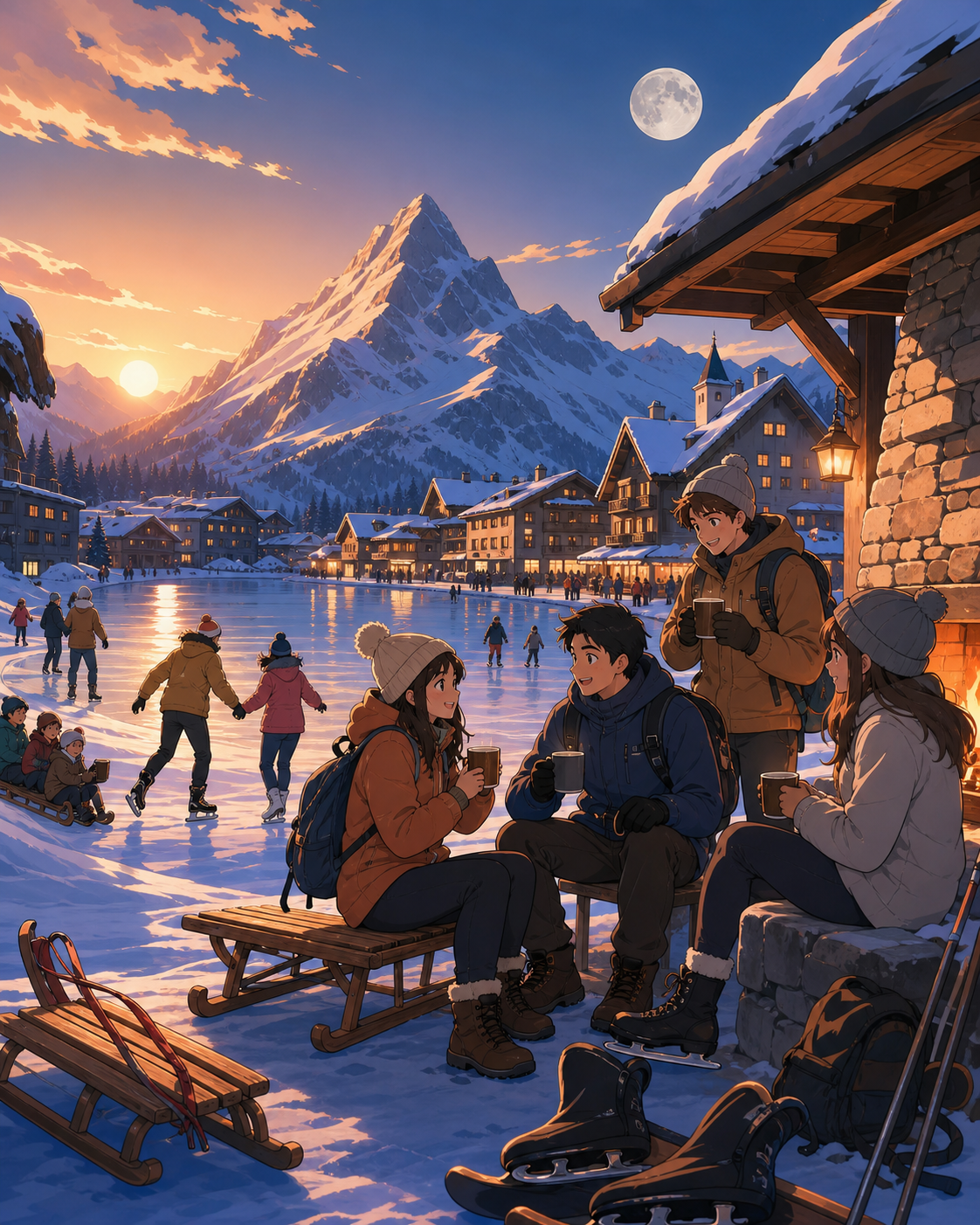 Young hikers sharing warm drinks beside a mountain shelter, at the warm transition from afternoon into evening lights. Wide town-square ensemble with several connected winter activities. Sun-bleached peach, desert ochre,