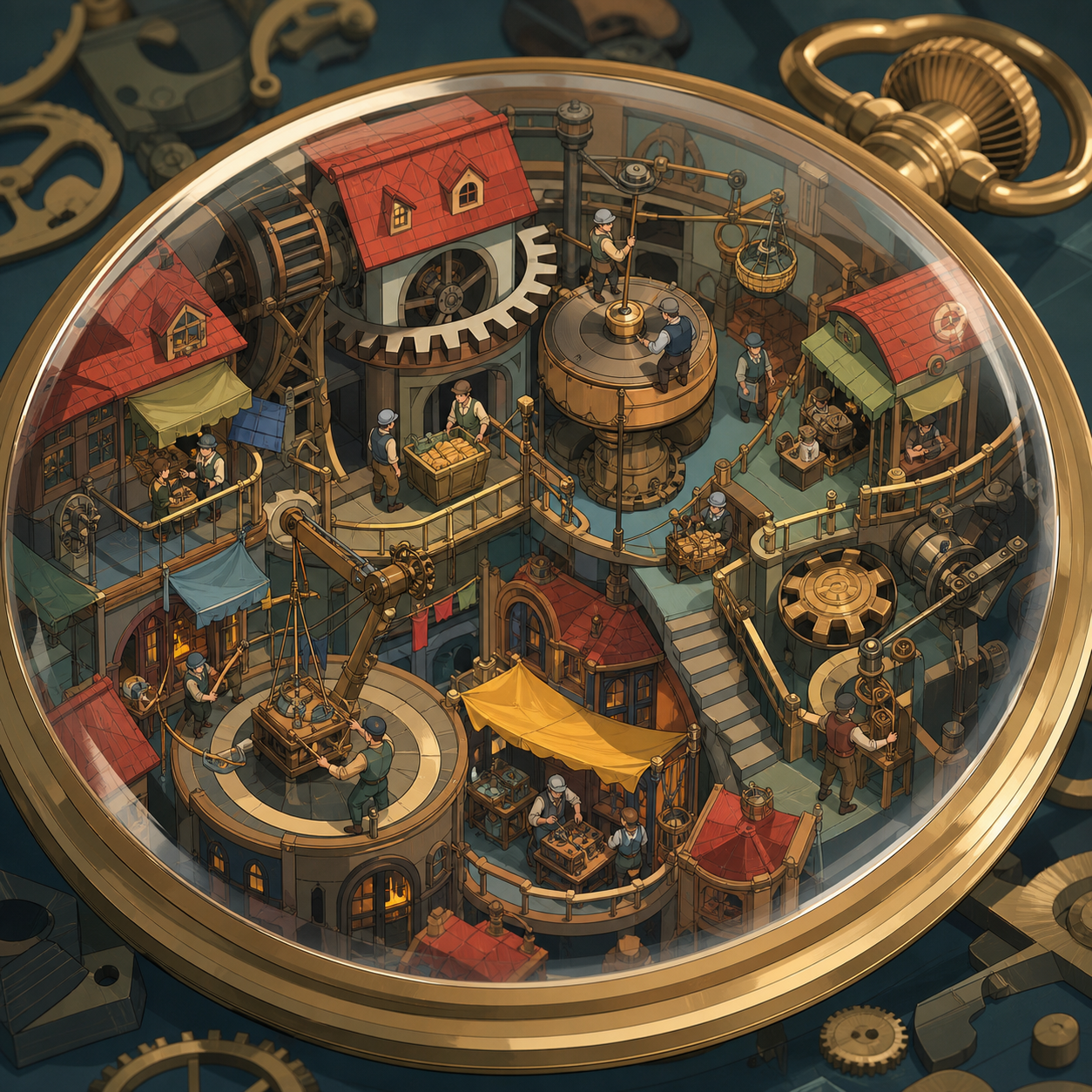A bustling market hidden inside the mechanism of a pocket watch, as inhabitants solve an everyday problem using ingenious small machinery. Isometric-like miniature vista with multiple readable zones of activity. Clay red