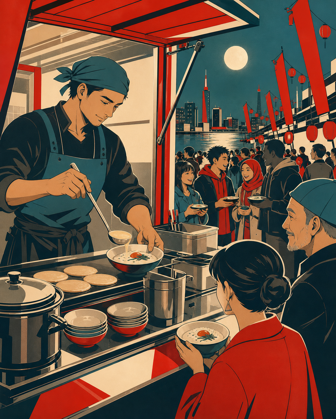 An adult street cook opening a breakfast cart before a citywide festival, as one simple shared meal brings unfamiliar people together. Wide kitchen-and-dining frame linking preparation to the people being served. Vermill