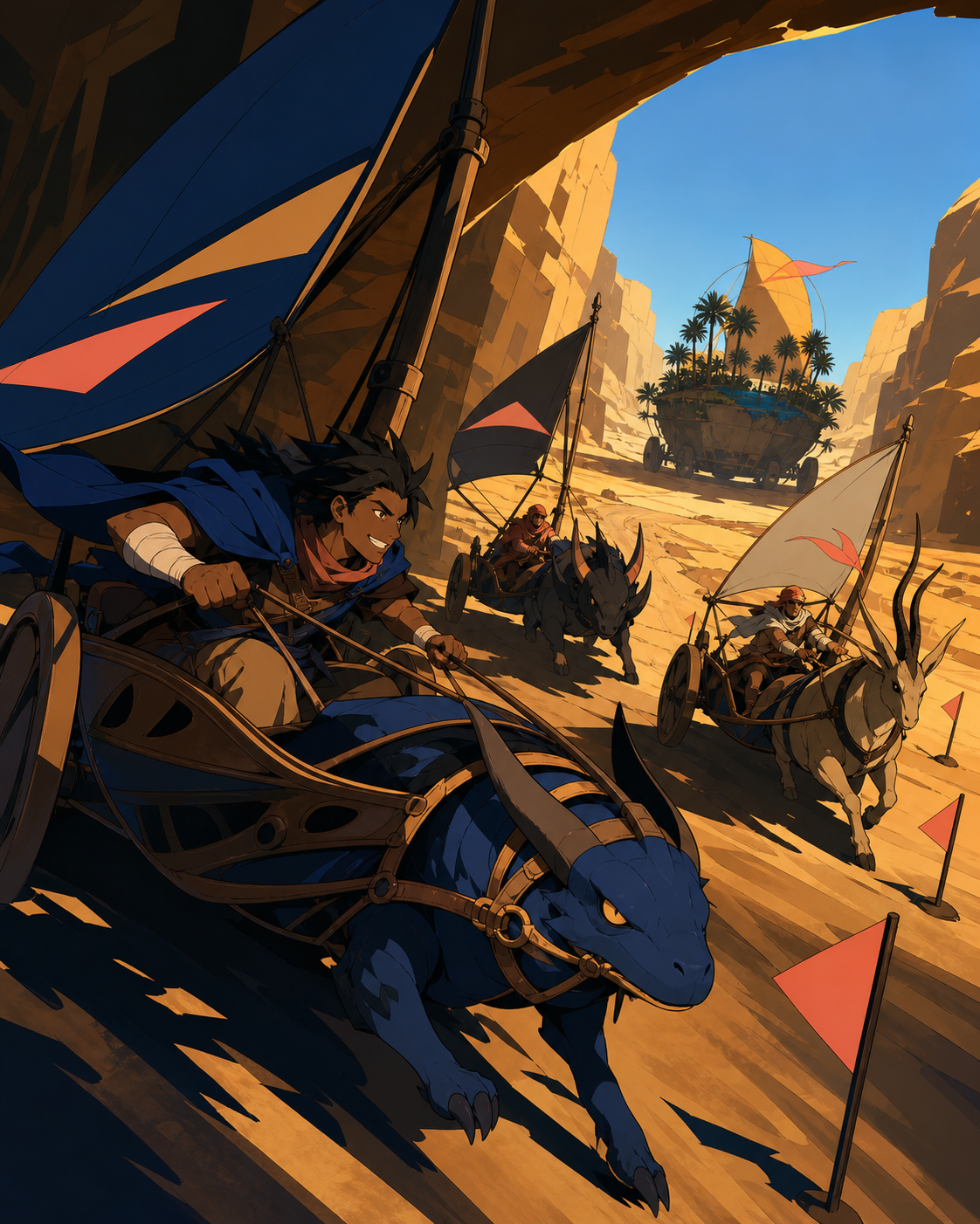 Desert couriers racing sail-powered carts toward a moving oasis, as an unexpected shortcut rewards cleverness over speed. Dramatic front three-quarter frame with several competitors behind. Amber, walnut brown, rain blue
