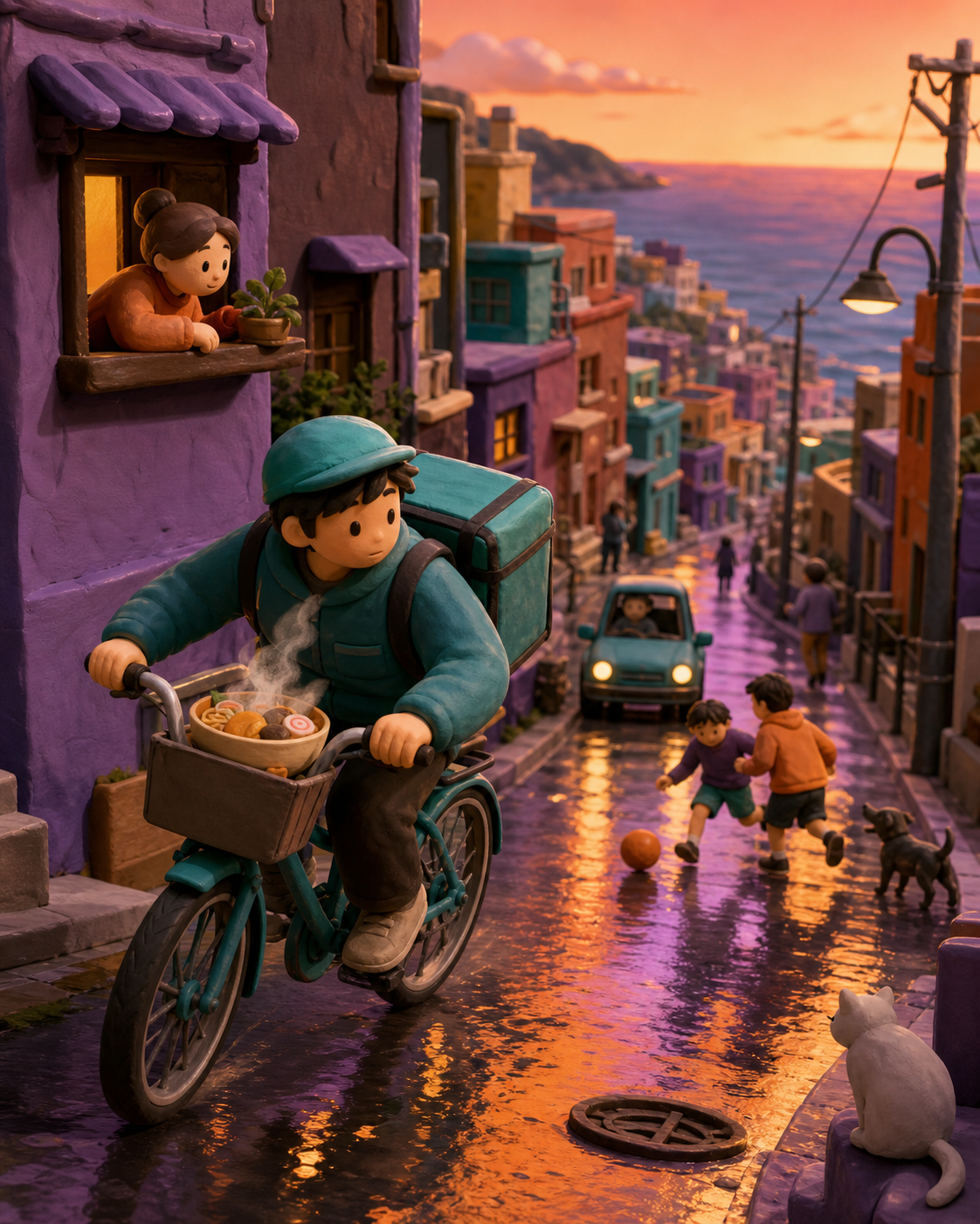A bicycle courier delivering hot noodles through a steep hillside city, just after rain leaves every street reflecting a different color. Observational street-level frame with foreground movement and a clear focal story.