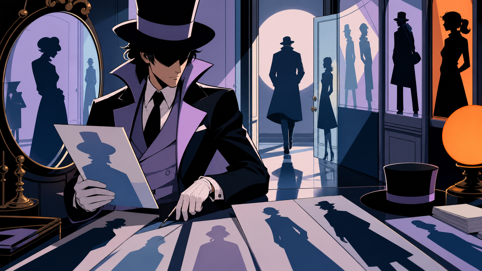 A forensic magician cataloging shadows that belong to missing people, inside a precise but surreal investigation scene with no violence shown. Cinematic noir frame using doorways and reflected figures to layer the myster