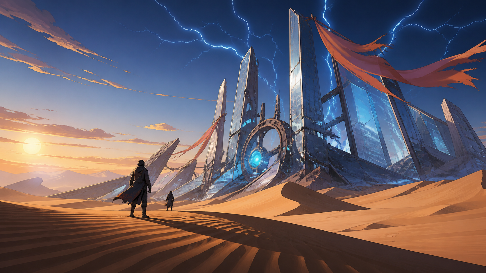 A glass ruin emerging from dunes after a rare electric storm, during a difficult crossing made beautiful by unfamiliar weather. Low desert viewpoint using foreground wind patterns to lead toward the destination. Amber, w