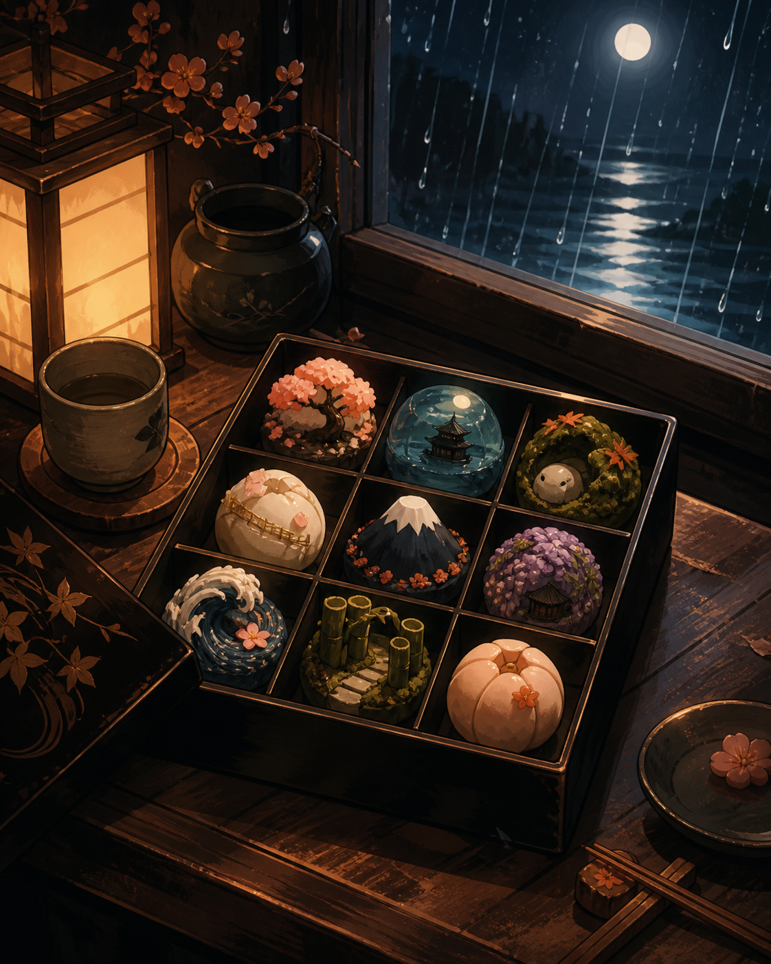 A jewel-like box of seasonal wagashi shaped as miniature fantasy landscapes, arranged on a worn wooden counter beside a rain-streaked window. Carefully composed tabletop still life viewed slightly from above. Amber, waln