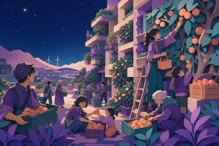 Neighbors harvesting fruit from a vertical apartment orchard, during collaborative everyday work in a hopeful future. Wide courtyard ensemble organized around one shared activity. 